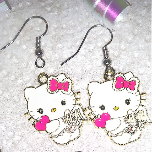 Hello Kitty White Cupid Dangle Earrings Enamel on Stainless Steel Earwires NEW - Picture 4 of 7